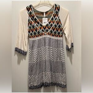 Free People Ivory Knit Aztec Indian Dress Multicolor Accents Sz Junior small NWT